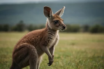 Fotobehang Shot of a baby kangaroo standing on a grassy field with a blurred background © Muh