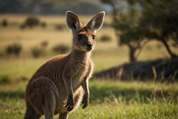 Foto op Plexiglas Shot of a baby kangaroo standing on a grassy field with a blurred background © Muh