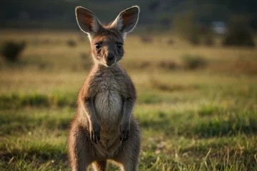 Foto op Plexiglas Shot of a baby kangaroo standing on a grassy field with a blurred background © Muh
