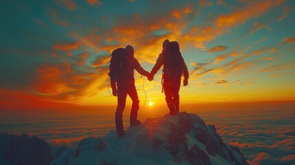 Guiding Light: Amidst the golden hues of the setting sun, one man shines a flashlight to illuminate the path ahead, guiding his friend towards the summit with clarity and purpose 