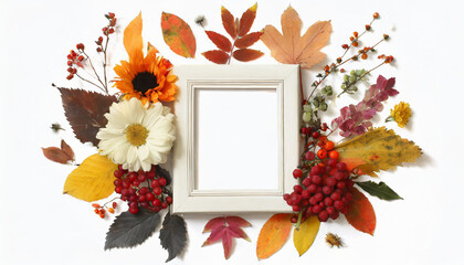 Naklejka na ściany i meble Autumn themed photo frame with flowers and leaves on a white background representing the concept of fall and Thanksgiving