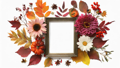 Naklejka na ściany i meble Autumn themed photo frame with flowers and leaves on a white background representing the concept of fall and Thanksgiving