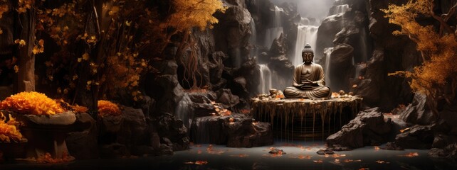 Big buddha statue with lotus flowers. Buddha silhouette, background beliefs of Buddhism