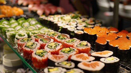 A vibrant market stall display featuring a variety of heart-shaped sushi rolls, each one more enticing than the last.