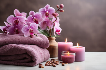 Obraz na płótnie Canvas Beautiful spa composition. Couple Towels With Candles And Orchid For Natural Massage
