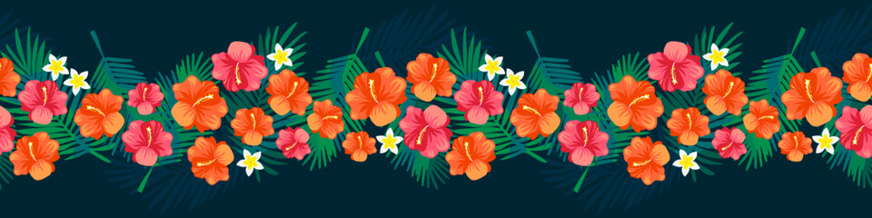 Fototapeta premium Tropical flowers and leaves seamless pattern. Watercolor floral garland, jungle exotic summer horizontal border design