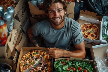 The man sits surrounded by empty pizza boxes and soda cans, patting his belly with a satisfied grin while holding a wilted salad leaf in the other hand 