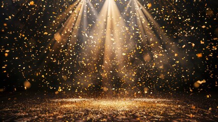 Golden confetti shower with radiant light rays. Celebration and party background concept for design and print