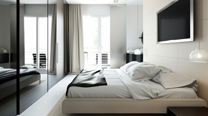 Elegant modern bedroom interior with a comfortable bed and mirrored wall