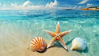 Fototapeta na wymiar Treasures of the Sea: Starfish and Seashell on Summer Beach
