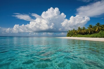 Fototapeta premium Beautiful tropical empty beach sea ocean with white cloud on blue sky background