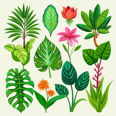 Exotic plants, including vibrant palm leaves and intricate monstera, adorn an isolated white background in this captivating watercolor vector illustration.