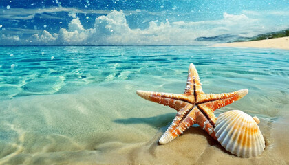 Fototapeta na wymiar Treasures of the Sea: Starfish and Seashell on Summer Beach