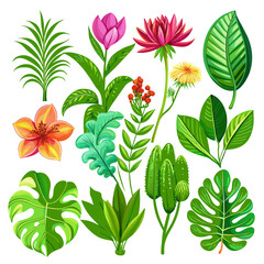 Exotic plants, including vibrant palm leaves and intricate monstera, adorn an isolated white background in this captivating watercolor vector illustration.