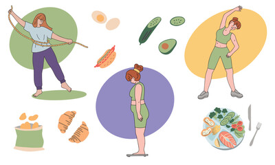 Concept of weight loss. Healthy and unhealthy eating. Overweight woman and woman with good figure. Fitness elements. Flat vector illustration.