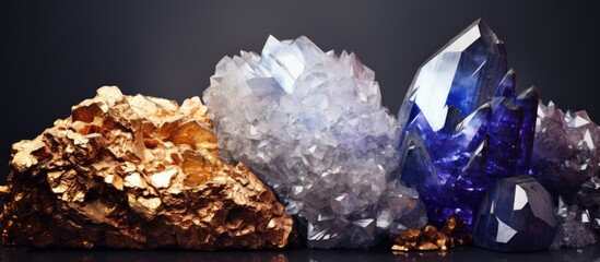 Three different types of crystals - gold, copper, and quartz - shimmer in shades of white, blue, and purple on a black surface, creating a striking contrast.
