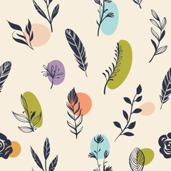 Seamless pattern with spring twigs, flowers and color spots