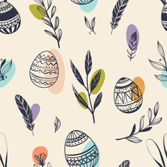 Seamless Easter pattern with eggs and spring twigs - 751410459