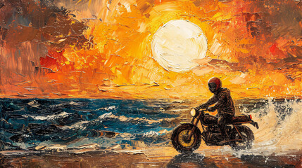 Van Gogh-style illustration of a biker teenager chasing waves
