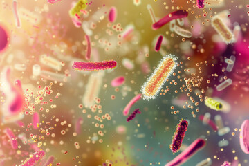 Bacteria diversity under microscopic magnification background, dangerous microorganism strain for medical health, prokaryotic cells.