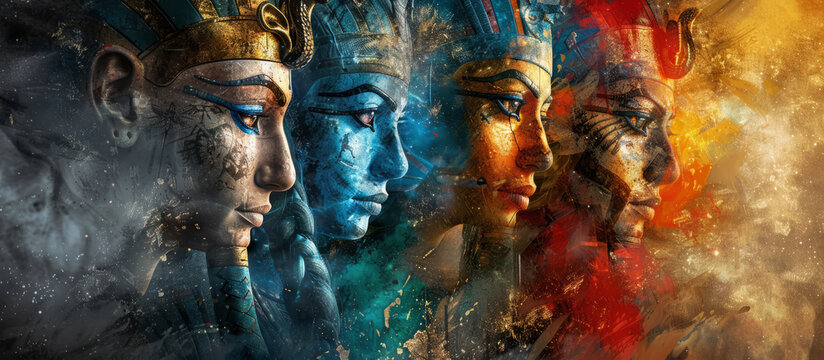 illustration of ancient Egyptian kings and quens, gods and goddeses.