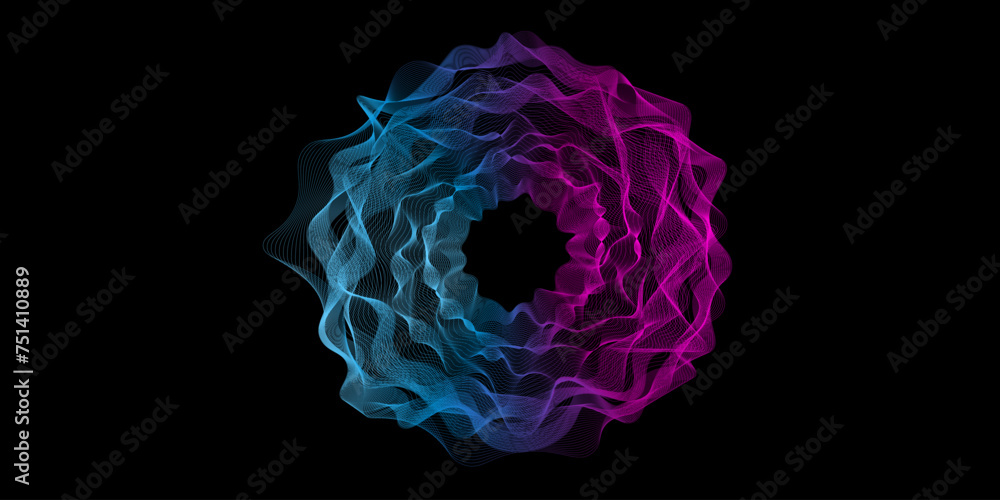 Poster abstract violet blue circular lines spirograph tunnel or floral spiral logo on black background. vec