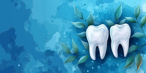 Tooth model, dental clinic creative blue background, dentist office website graphic. Teeth hygiene, dental equipment and dentistry banner. - obrazy, fototapety, plakaty