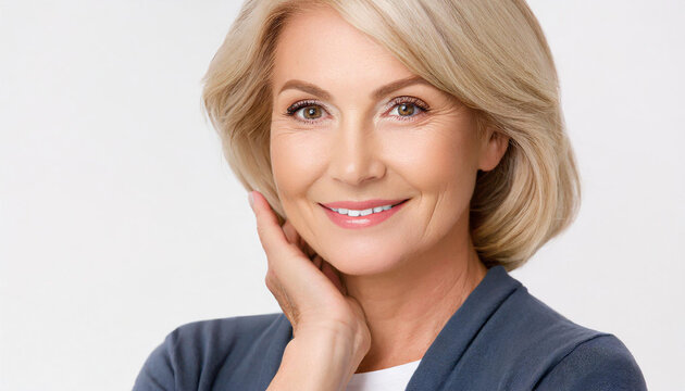 Beautiful gorgeous 50s mid aged mature woman looking at camera isolated on white. Mature old lady close up portrait. Healthy face skin care beauty, middle age skincare cosmetics, cosmetology concept