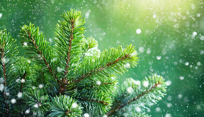 Fototapeta na wymiar Beautiful green fir tree branches close up. Christmas and winter concept