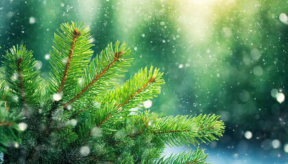 Beautiful green fir tree branches close up. Christmas and winter concept