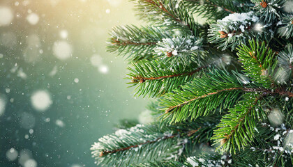 Beautiful green fir tree branches close up. Christmas and winter concept