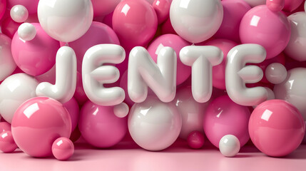 It's a girl. Baby banner with balloons on pink background. JENTE text made of white balloons.