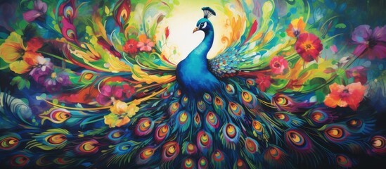 A painting of a peacock showcasing its colorful feathers in vibrant shades of green, blue, and red, capturing the beauty and exoticism of this majestic bird in all its splendor. - obrazy, fototapety, plakaty