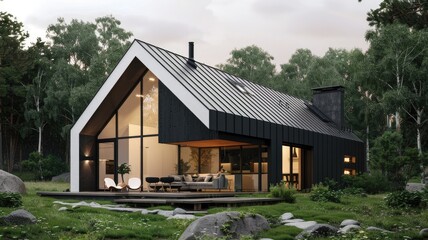 Obraz premium a house adorned in white-black colors, exuding the essence of Nordic style with its clean lines, minimalist design, and harmonious balance of light and dark elements.