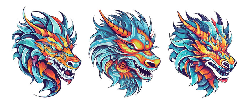 set of dragon head sticker designs with colorful abstract, generative ai