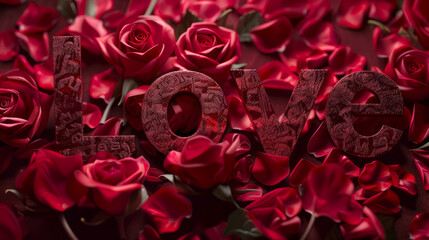 Text Love with red rose petals background. Valentine's Day concept.