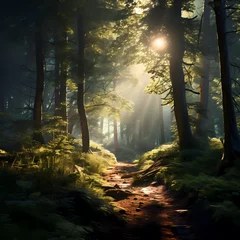 Foto op Aluminium A serene forest with sunlight filtering through the leaves © Cao