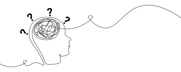 Confused tangled thoughts questions marks one continuous line drawing concept illustration vector