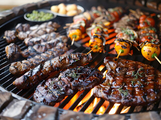 Grilled meat with vegetables on barbecue grill with smoke and flames in green grass - obrazy, fototapety, plakaty