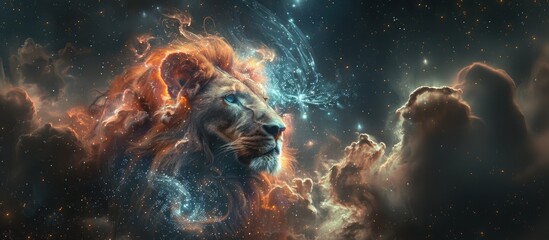 African lion, mane infused with stardust, gazes nobly against a backdrop of celestial bodies, nebulae, and a distant planet, embodying cosmic majesty. - obrazy, fototapety, plakaty