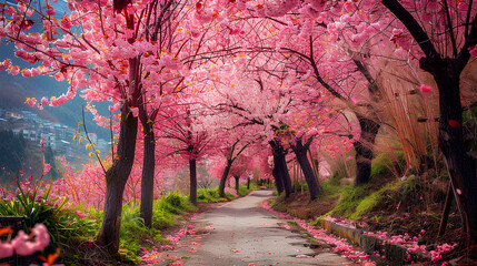 a path with beautiful spring sakura flowers on cherry blossom trees. .