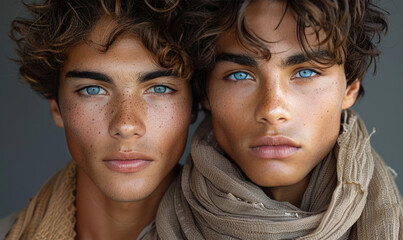 Two handsome and attractive twin brothers with beautiful blue eyes. - obrazy, fototapety, plakaty