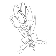 白黒チューリップのかわいい花束　線画イラスト