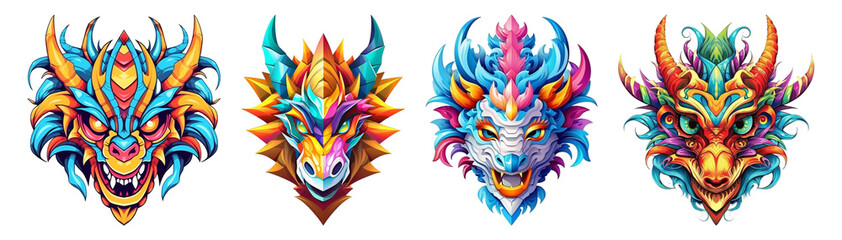 set of dragon head sticker designs with colorful abstract, generative ai