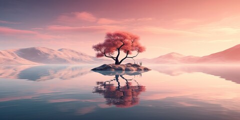Tranquil vista of a lone tree on a tiny island, with water highlighted by gentle pink tones - obrazy, fototapety, plakaty