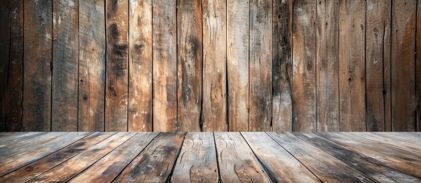 A wooden floor fills the foreground of the image, leading the viewers gaze towards an old wooden wall in the background. The textures of both the floor and wall are visible, showcasing the natural