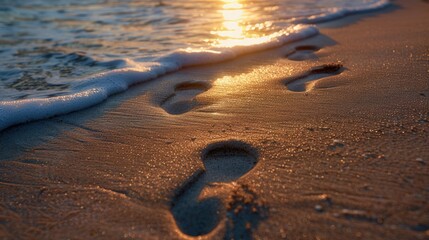 Fototapeta na wymiar Footprints marked in the sand of a golden beach
