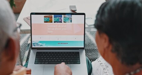 Couple, laptop and holiday research or home for vacation itinerary for international booking, trip or back. People, screen and web decision for planning accommodation or country, homepage or travel