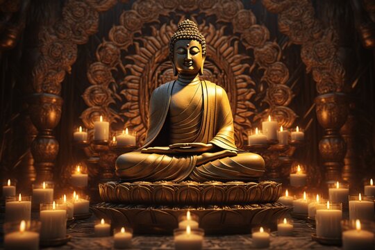 a statue of a buddha with candles around it