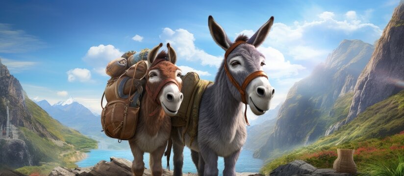 A pair of donkeys with saddles on their backs stand amongst the rugged terrain of a mountainous area. The animals appear calm and ready for an adventure in the picturesque surroundings.